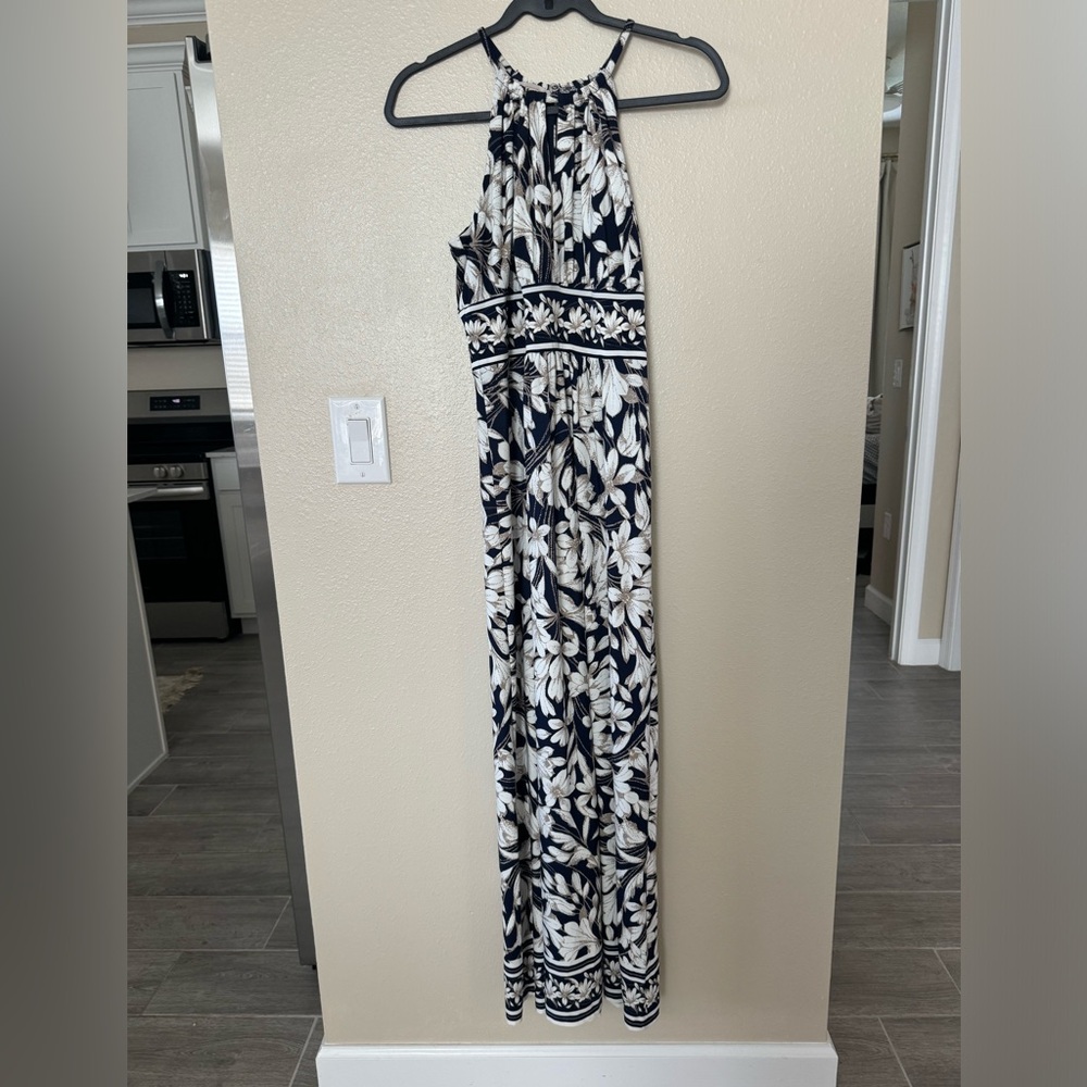 Floral Halter Maxi Dress - Navy and White